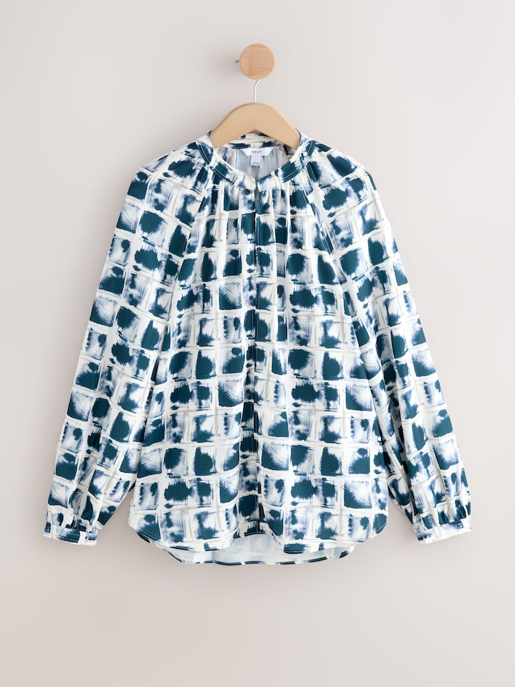 Ecru/Navy Grid Print Print Long Sleeve V-Neck Blouse - Image 1 of 3 Ecru/Navy Grid Print Print Long Sleeve V-Neck Blouse - Image 1 of 3