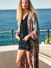 Multicoloured Paisley Print Long Sleeve Tie Belt Maxi Kimono - Image 1 of 7