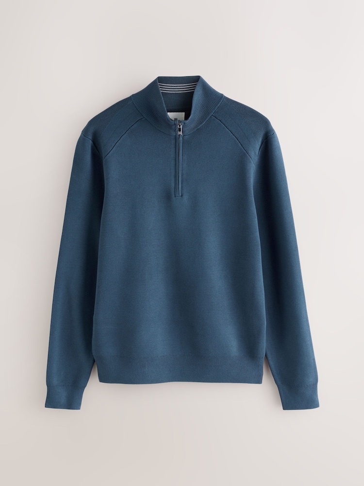 Blue Plain Slim Fit Quarter Zip Neck Jumper - Image 1 of 3 Blue Plain Slim Fit Quarter Zip Neck Jumper - Image 1 of 3