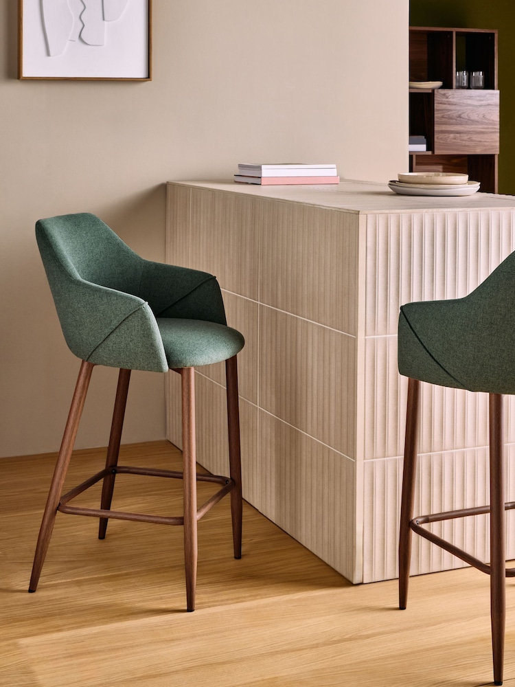 MADE.COM Bay Green and Walnut Legs Lule Bar Stool in Velvet - Image 1 of 5