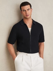 Reiss Navy Comet Textured-Knit Zip-Through Shirt - Image 1 of 6
