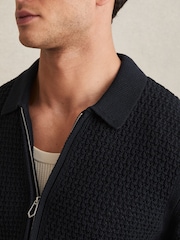 Reiss Navy Comet Textured-Knit Zip-Through Shirt - Image 4 of 6