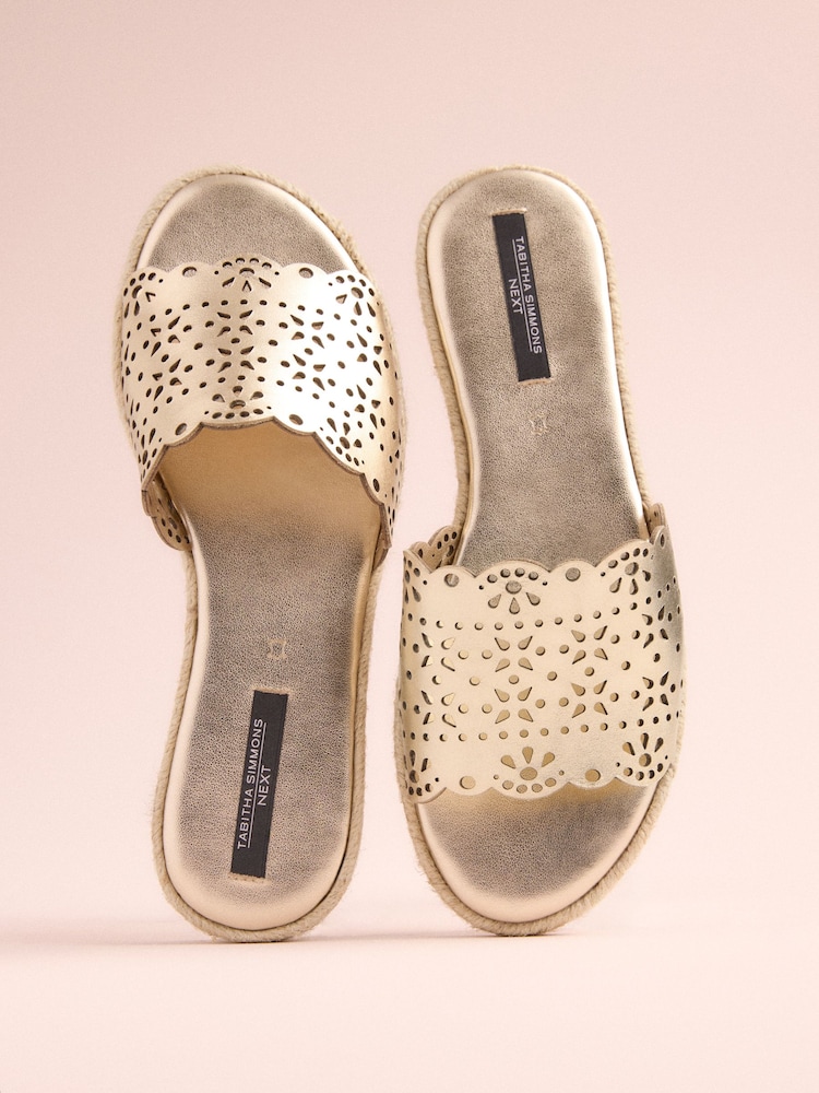 Gold Leather Tabitha Simmons x Next Darcy Leather Round Toe Laser Cut Espadrille Mules - Image 1 of 5