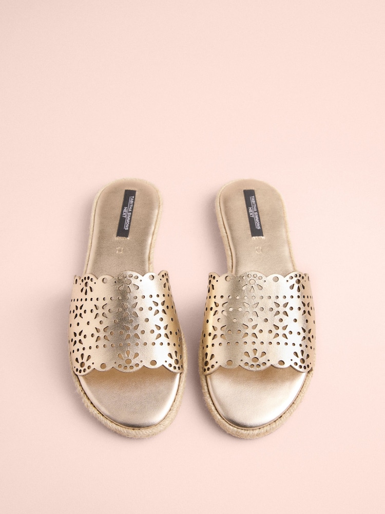 Gold Leather Tabitha Simmons x Next Darcy Leather Round Toe Laser Cut Espadrille Mules - Image 2 of 5