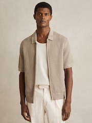 Reiss Stone Comet Textured-Knit Zip-Through Shirt - Image 1 of 6