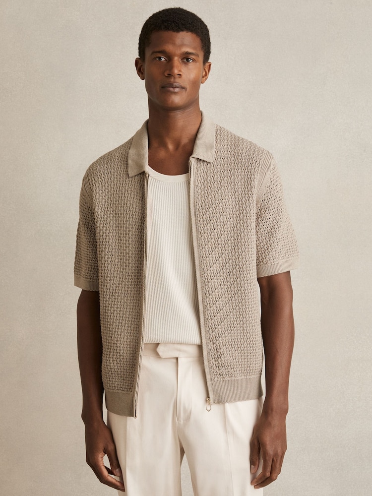 Reiss Stone Comet Textured-Knit Zip-Through Shirt - Image 1 of 6