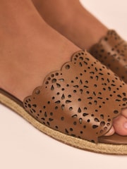 Tan Brown Tabitha Simmons x Next Darcy Leather Round Toe Laser Cut Espadrille Mules - Image 10 of 11