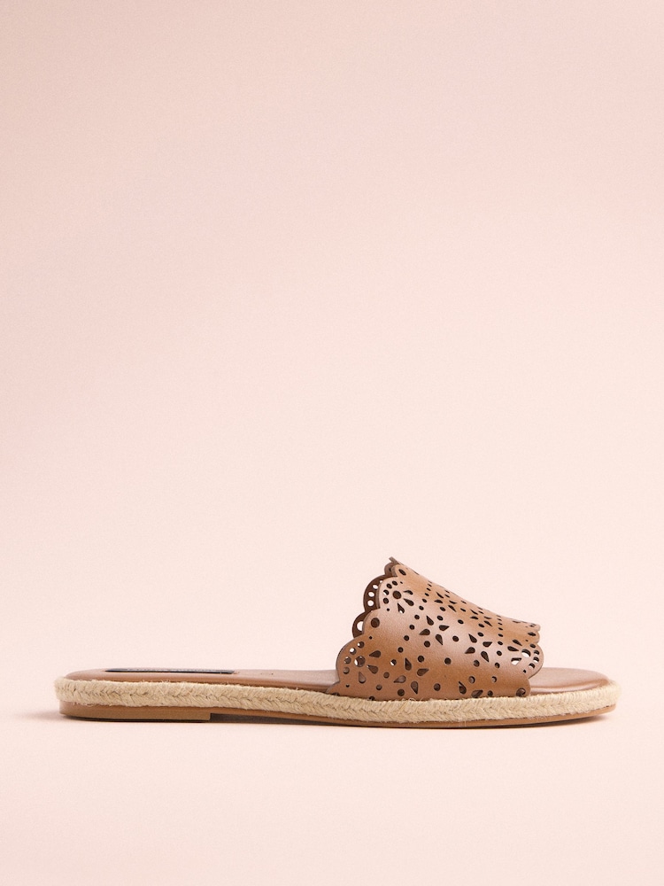 Tan Brown Tabitha Simmons x Next Darcy Leather Round Toe Laser Cut Espadrille Mules - Image 4 of 11