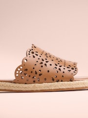 Tan Brown Tabitha Simmons x Next Darcy Leather Round Toe Laser Cut Espadrille Mules - Image 5 of 11