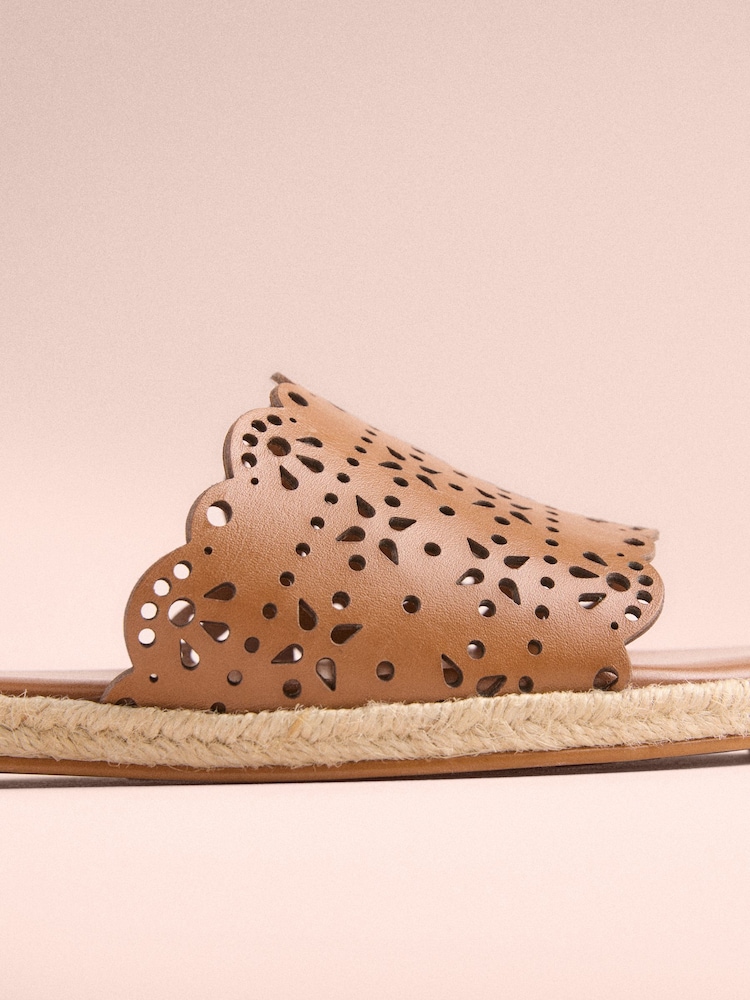 Tan Brown Tabitha Simmons x Next Darcy Leather Round Toe Laser Cut Espadrille Mules - Image 5 of 11