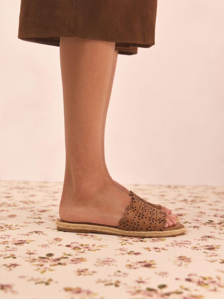 Tan Brown Tabitha Simmons x Next Darcy Leather Round Toe Laser Cut Espadrille Mules - Image 8 of 11