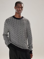 Black/Grey Regular Fit Pattern Crew Neck Jumper - Image 1 of 7