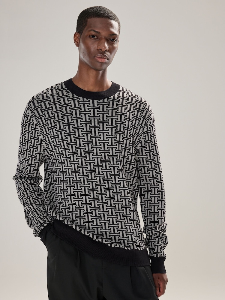Black/Grey Regular Fit Pattern Crew Neck Jumper - Image 1 of 7