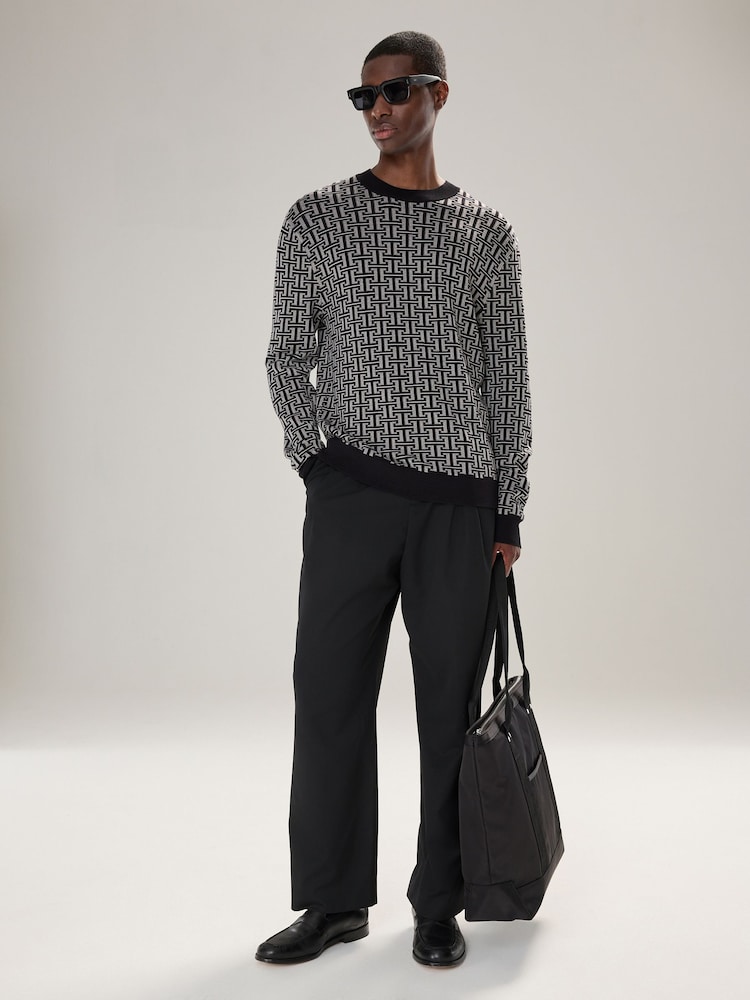 Black/Grey Regular Fit Pattern Crew Neck Jumper - Image 2 of 7