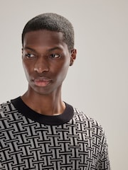 Black/Grey Regular Fit Pattern Crew Neck Jumper - Image 4 of 7