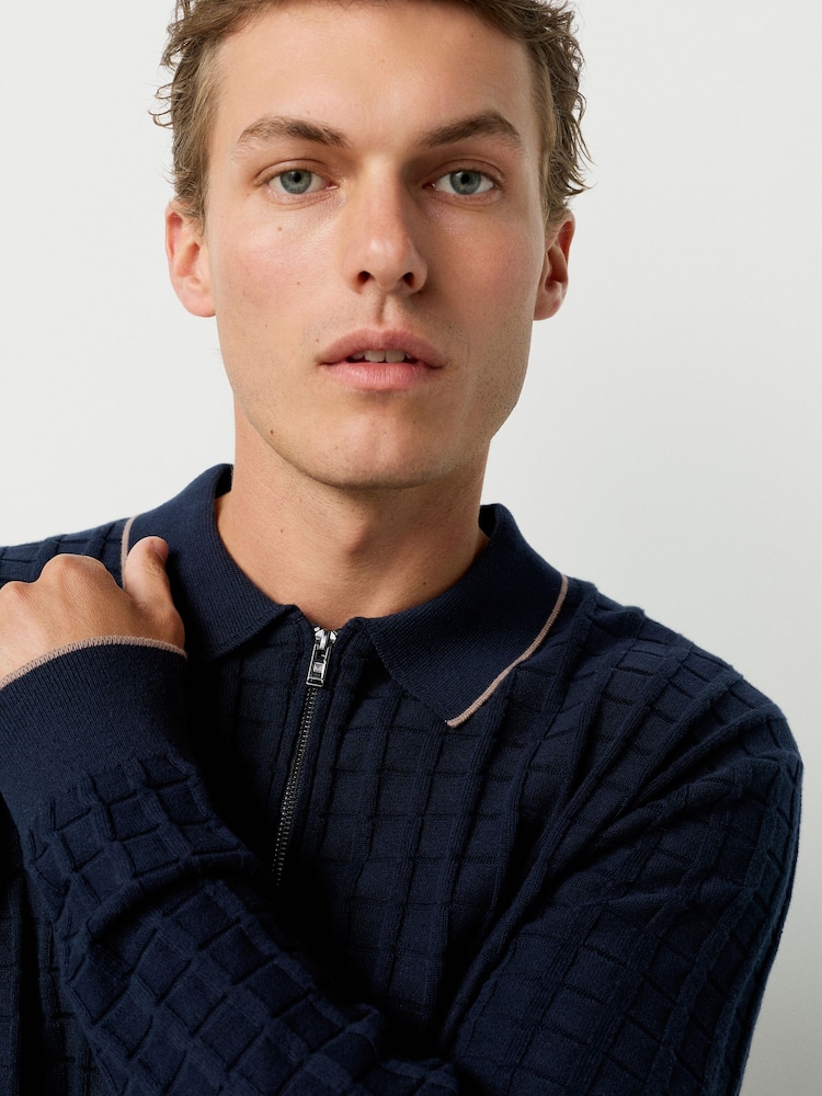 Navy Blue Regular Fit Knit Textured Long Sleeve Quarter Zip Polo Shirt - Image 1 of 8