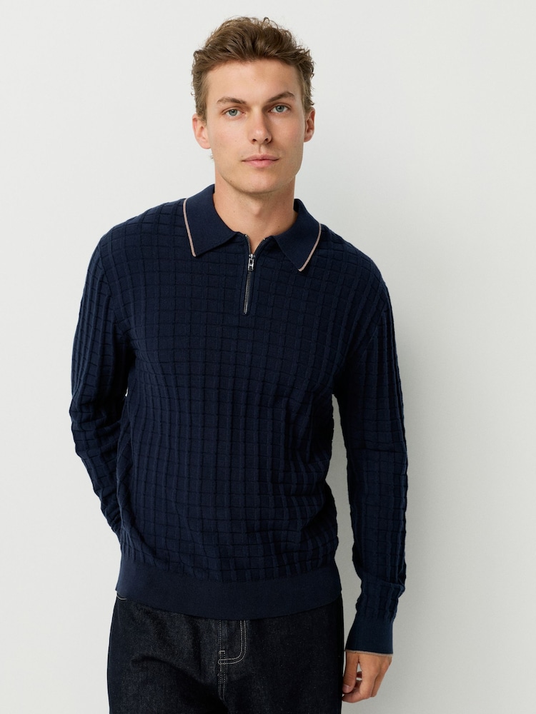 Navy Blue Regular Fit Knit Textured Long Sleeve Quarter Zip Polo Shirt - Image 2 of 8