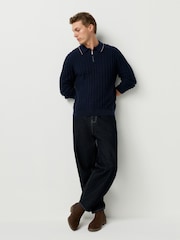 Navy Blue Regular Fit Knit Textured Long Sleeve Quarter Zip Polo Shirt - Image 3 of 8