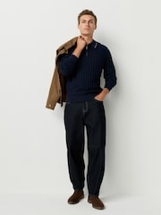 Navy Blue Regular Fit Knit Textured Long Sleeve Quarter Zip Polo Shirt - Image 4 of 8