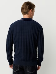 Navy Blue Regular Fit Knit Textured Long Sleeve Quarter Zip Polo Shirt - Image 5 of 8