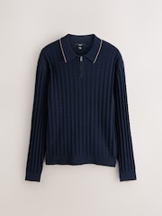 Navy Blue Regular Fit Knit Textured Long Sleeve Quarter Zip Polo Shirt - Image 6 of 8