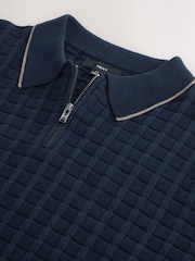 Navy Blue Regular Fit Knit Textured Long Sleeve Quarter Zip Polo Shirt - Image 7 of 8