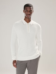 Ecru White Regular Fit Knit Textured Long Sleeve Quarter Zip Polo Shirt - Image 1 of 8