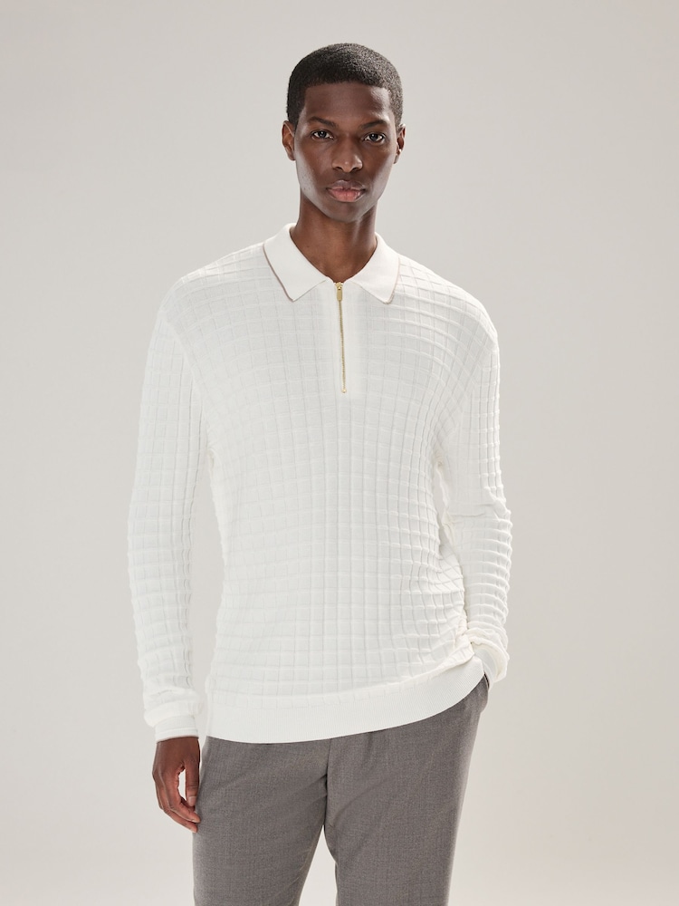 Ecru White Regular Fit Knit Textured Long Sleeve Quarter Zip Polo Shirt - Image 1 of 8