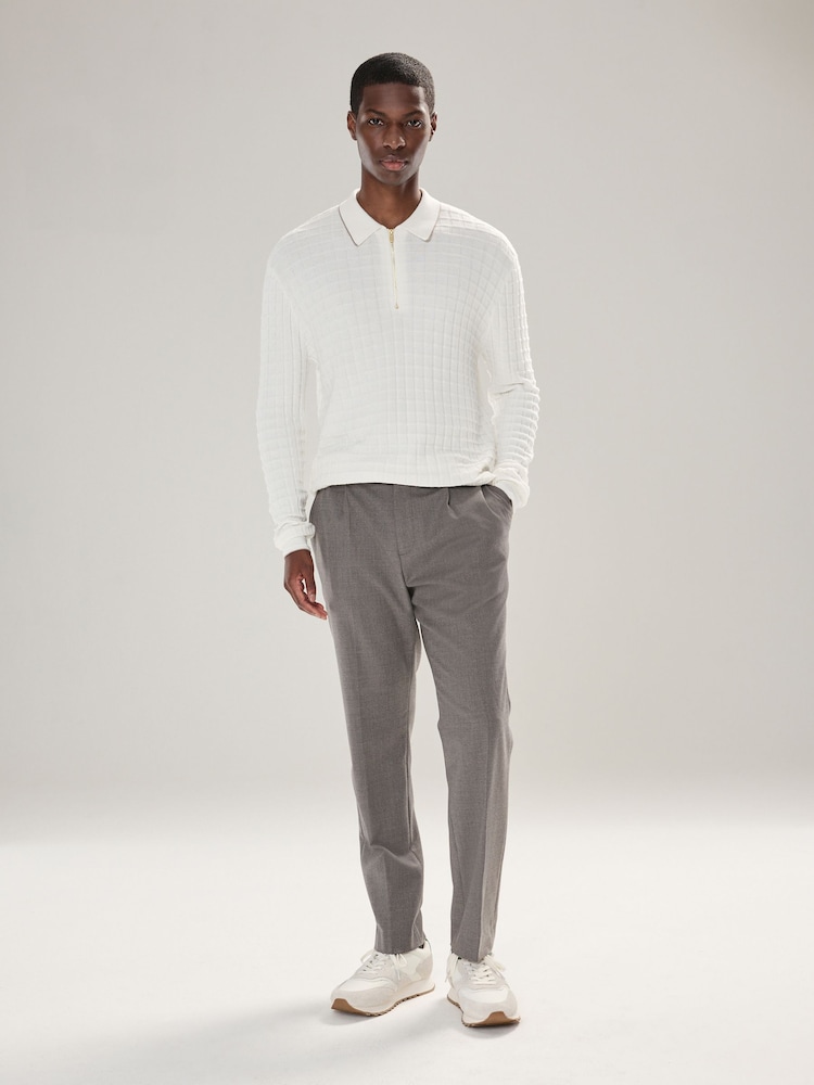 Ecru White Regular Fit Knit Textured Long Sleeve Quarter Zip Polo Shirt - Image 2 of 8