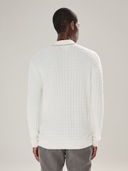 Ecru White Regular Fit Knit Textured Long Sleeve Quarter Zip Polo Shirt - Image 3 of 8