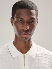Ecru White Regular Fit Knit Textured Long Sleeve Quarter Zip Polo Shirt - Image 4 of 8