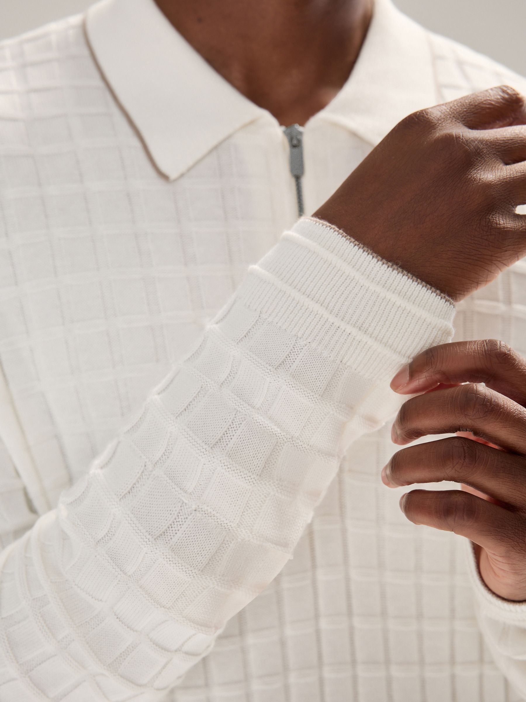 Buy Ecru White Regular Fit Knit Textured Long Sleeve Quarter Zip