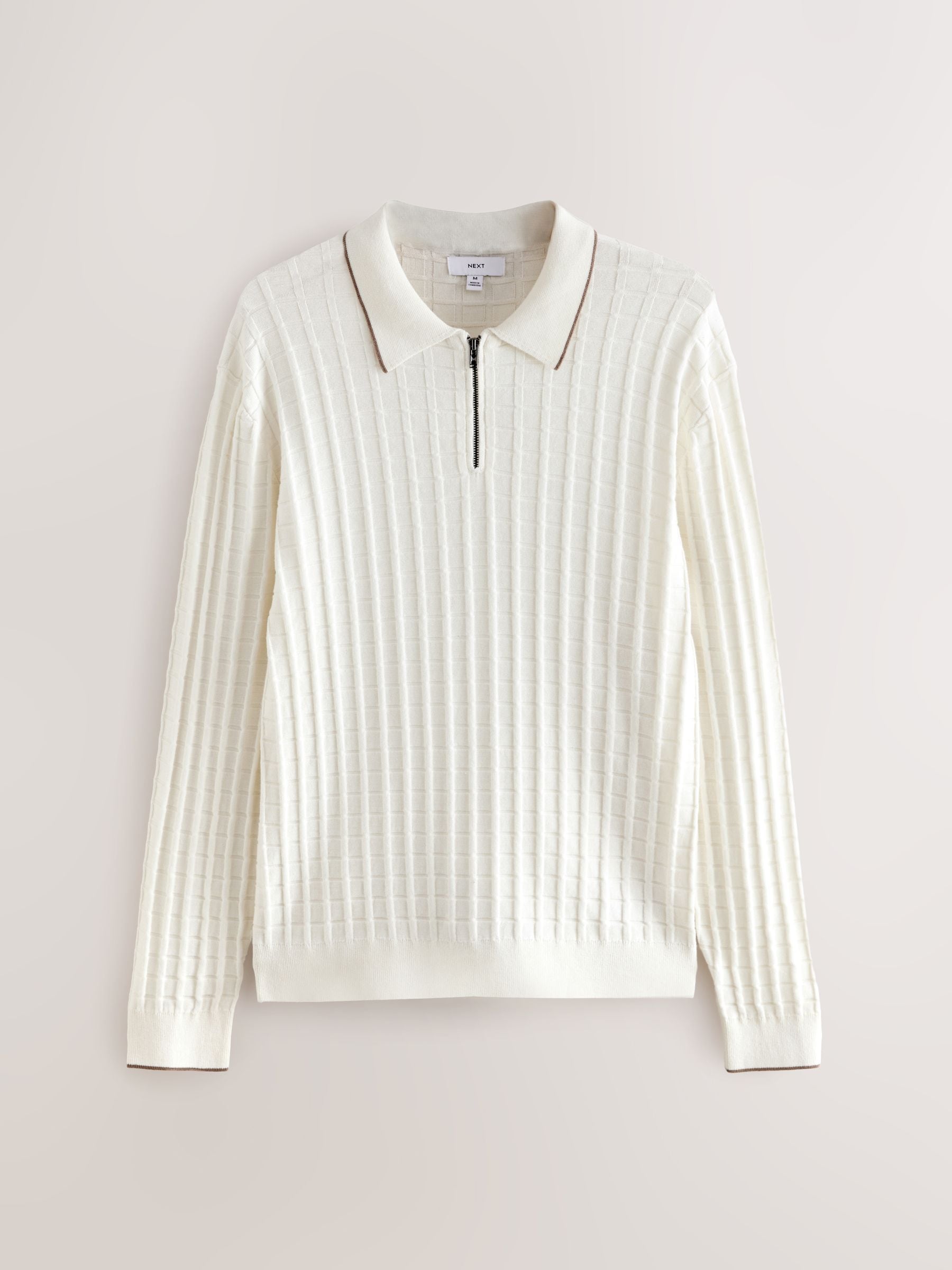 Buy Ecru White Regular Fit Knit Textured Long Sleeve Quarter Zip