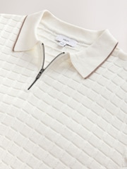 Ecru White Regular Fit Knit Textured Long Sleeve Quarter Zip Polo Shirt - Image 7 of 8