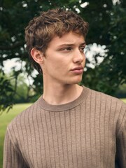 Mushroom Regular Fit Premium Ribbed Crew Neck Jumper - Image 1 of 9