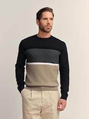Black/Stone Regular Fit Colourblock Stripe Crew Neck Jumper - Image 1 of 7