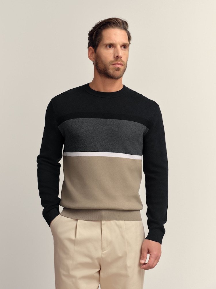 Black/Stone Regular Fit Colourblock Stripe Crew Neck Jumper - Image 1 of 7