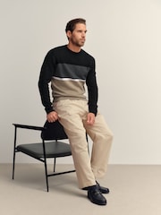 Black/Stone Regular Fit Colourblock Stripe Crew Neck Jumper - Image 2 of 7