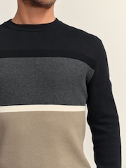 Black/Stone Regular Fit Colourblock Stripe Crew Neck Jumper - Image 4 of 7