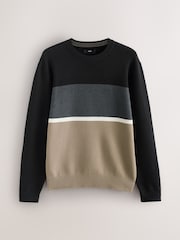 Black/Stone Regular Fit Colourblock Stripe Crew Neck Jumper - Image 5 of 7