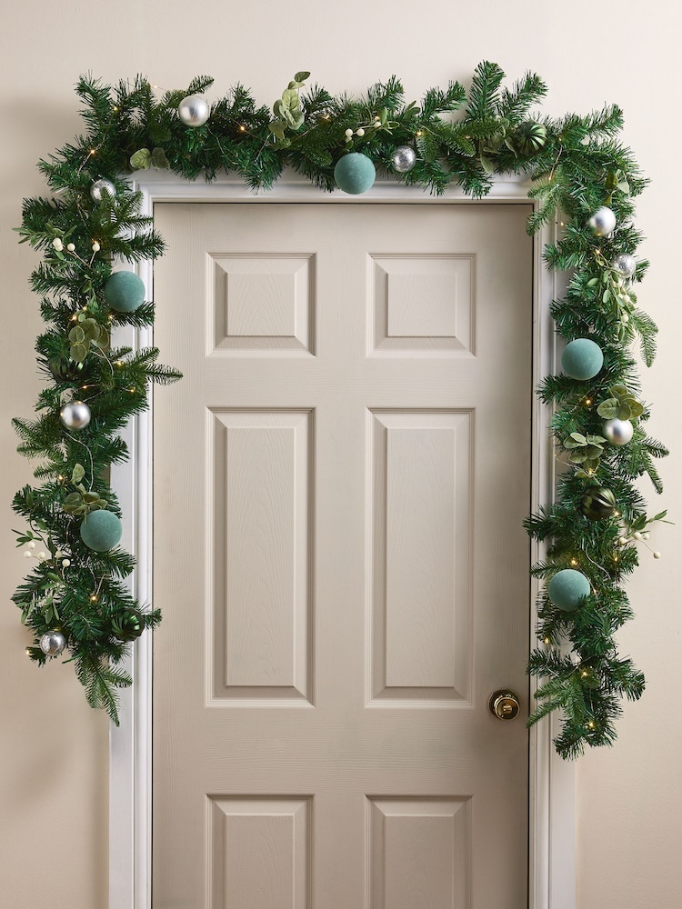 Green Lit Faux Bauble Christmas Garland - Image 1 of 4 Green Lit Faux Bauble Christmas Garland - Image 1 of 4