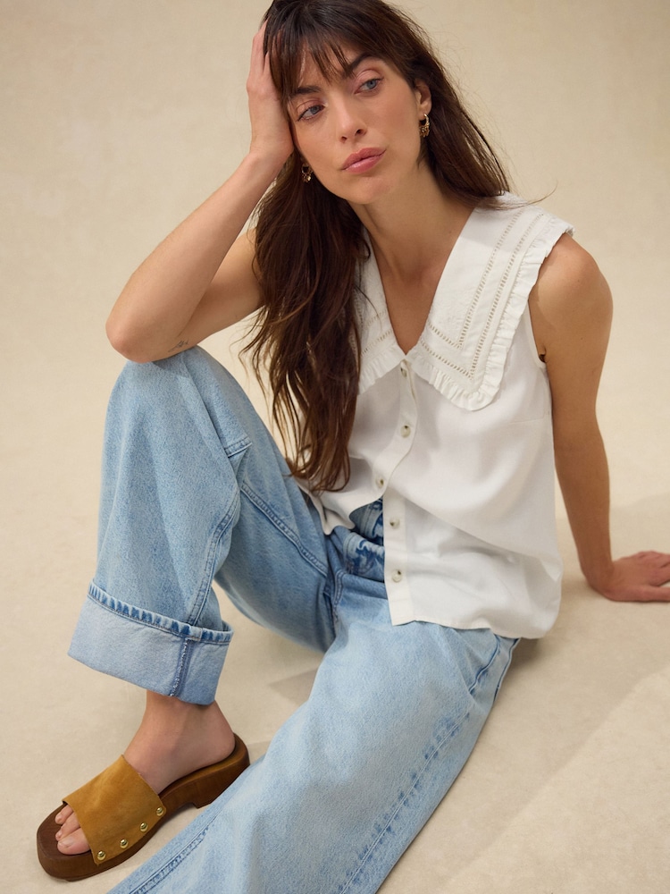 Cream Oversized Sleeveless Peter Pan Collar Blouse - Image 1 of 8