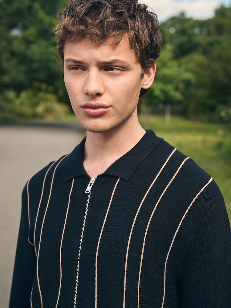 Black Regular Fit Striped Zip Through Long Sleeve Polo Shirt - Image 1 of 7