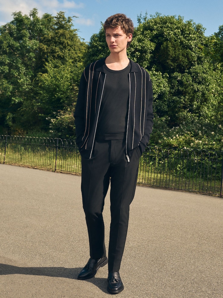 Black Regular Fit Striped Zip Through Long Sleeve Polo Shirt - Image 2 of 7
