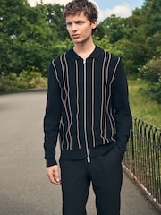 Black Regular Fit Striped Zip Through Long Sleeve Polo Shirt - Image 3 of 7