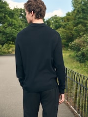 Black Regular Fit Striped Zip Through Long Sleeve Polo Shirt - Image 4 of 7