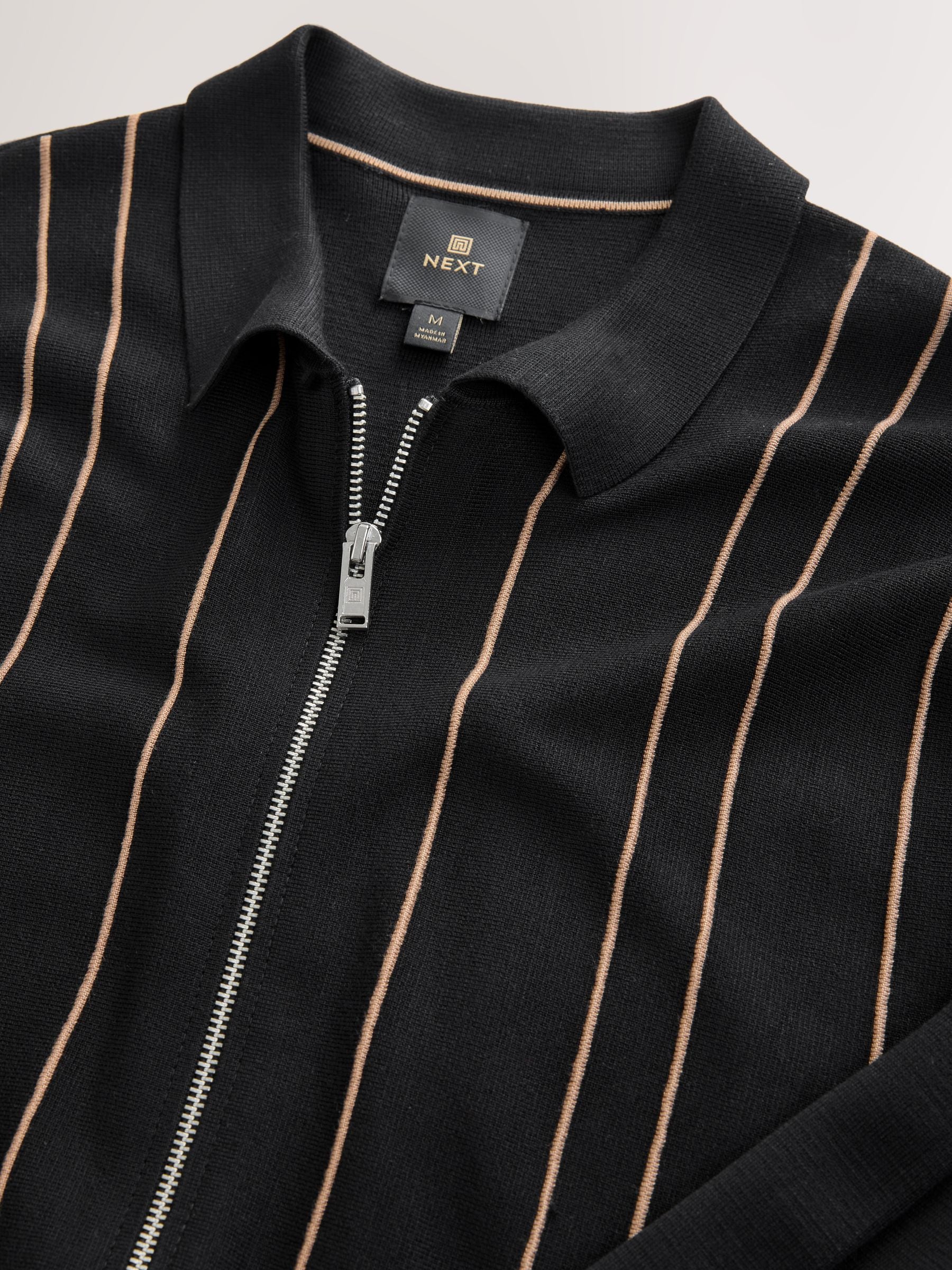 Buy Black Regular Fit Striped Zip Through Long Sleeve Polo Shirt