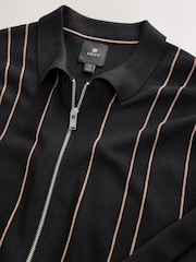 Black Regular Fit Striped Zip Through Long Sleeve Polo Shirt - Image 6 of 7