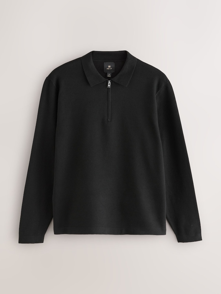 Black Zip Neck Regular Fit Premium Knit Quarter Zip Long Sleeve Polo Shirt - Image 1 of 3