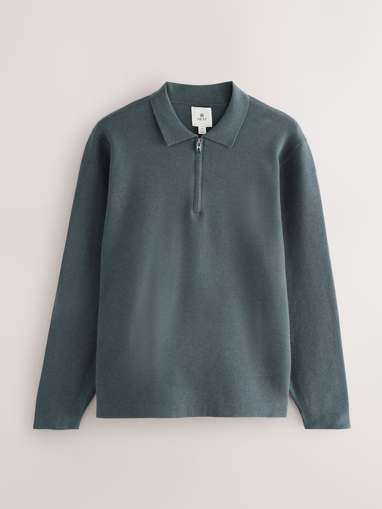 Sage Green Zip Neck Regular Fit Premium Long Sleeve Knit Polo Shirt - Image 1 of 3